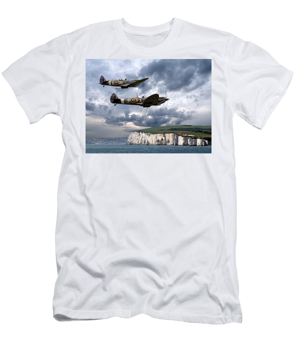 Aircraft T-Shirt featuring the photograph Homeward Bound Spitfires Over The White Cliffs Of Dover by Gill Billington