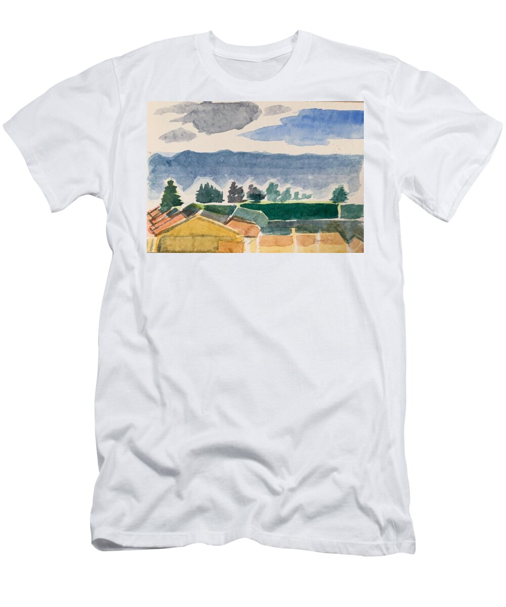 Abstract T-Shirt featuring the painting Houses, Trees, Mountains, Clouds by Suzanne Giuriati Cerny