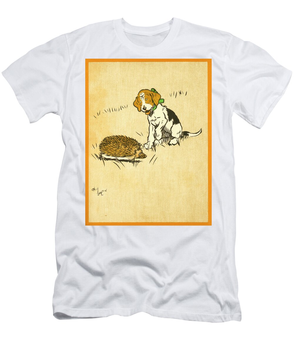 Book Illustration T-Shirt featuring the drawing Puppy and Hedgehog, illustration of by Cecil Aldin