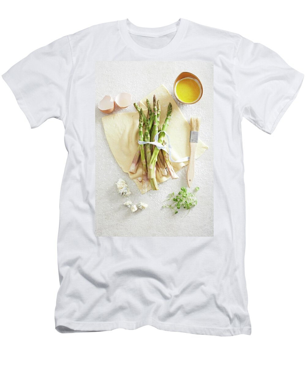 Ip_11360160 T-Shirt featuring the photograph Ingredients For A Puff Pastry Cake With Green Asparagus And Gorgonzola by Great Stock!