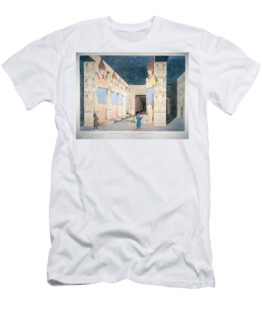 G Belzoni T-Shirt featuring the painting Interior of Temple at Abu Simbel, Nubia, Egypt. Painted in 1822, colour engraving. by Giovanni Battista Belzoni -1778-1823-