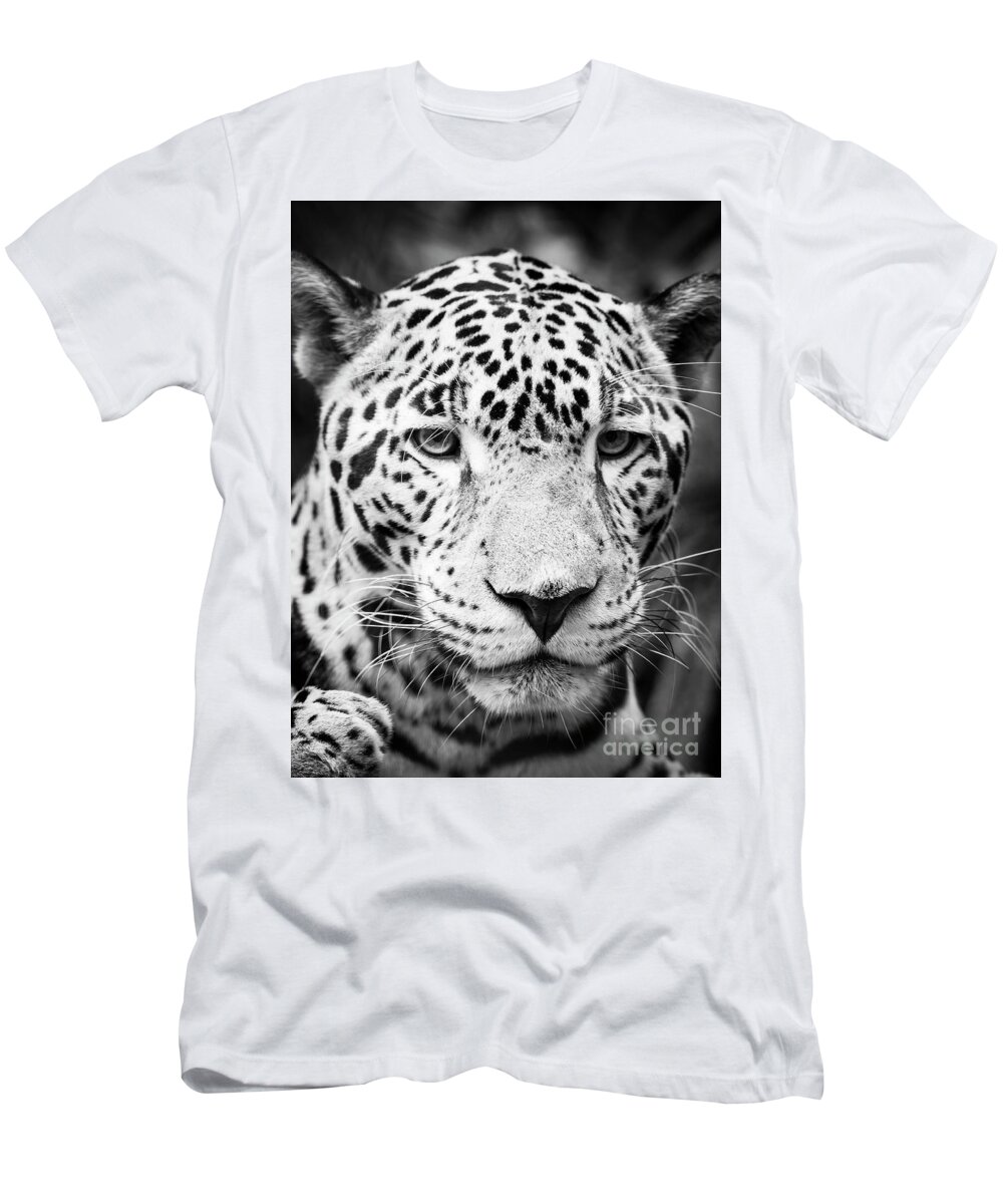 Black And White T-Shirt featuring the photograph Jaguar Cat Portrait Black and White by THP Creative