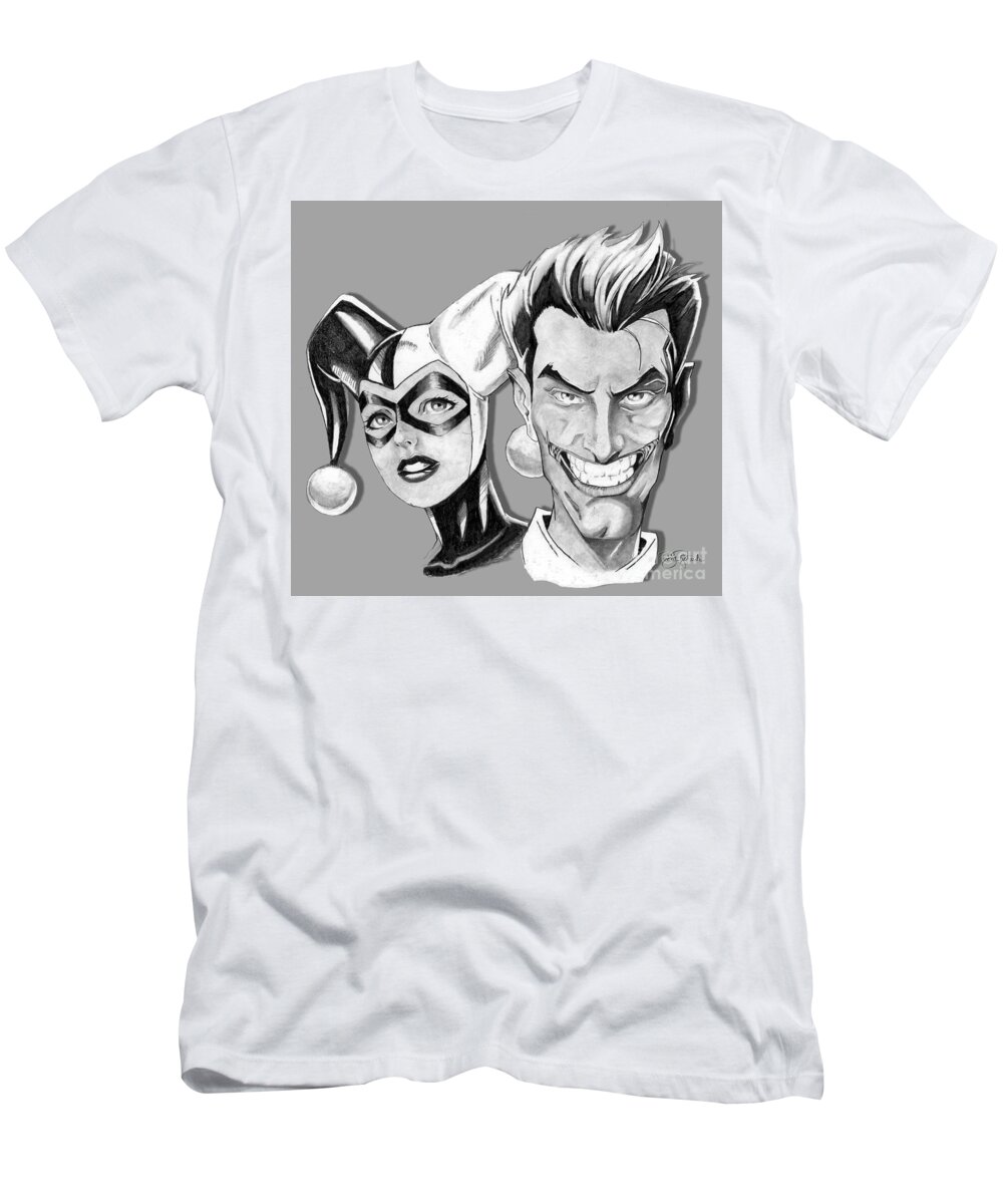 Joker T-Shirt featuring the drawing Joker and Harley Quinn by Bill Richards