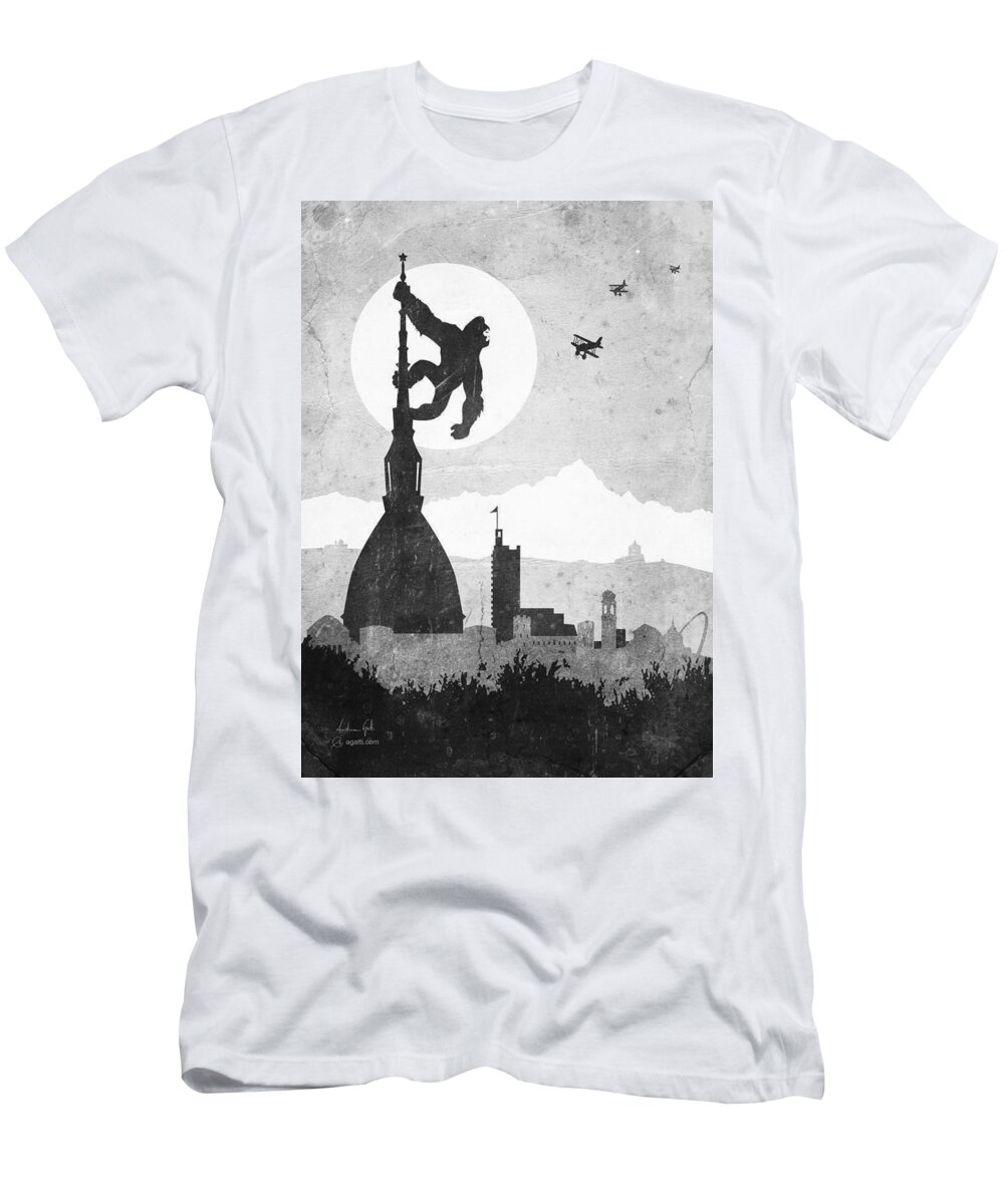 Italy T-Shirt featuring the digital art King Kong Turin greyscale by Andrea Gatti
