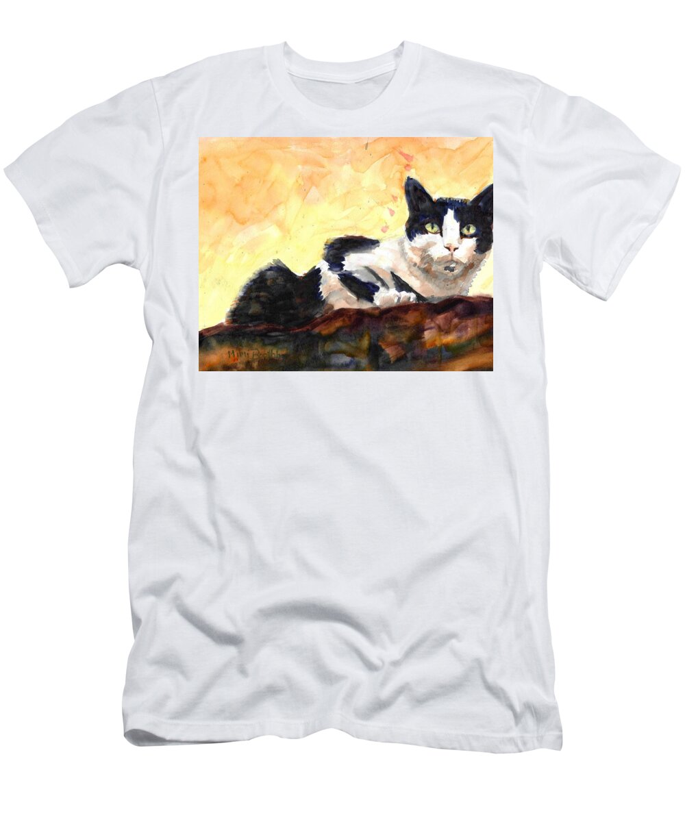 Tuxedo Cat T-Shirt featuring the painting Let Me In? by Mimi Boothby