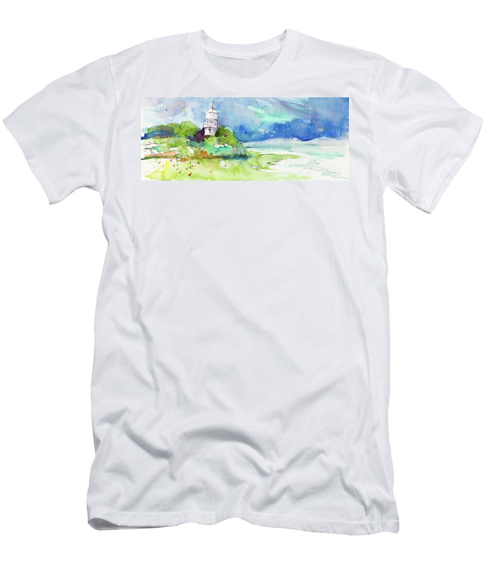 Lighthouse T-Shirt featuring the mixed media Lighthouse On Coastline by Lanie Loreth