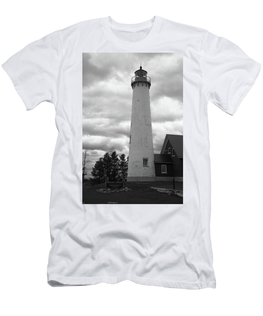 America T-Shirt featuring the photograph Lighthouse - Tawas Point Michigan 2 BW by Frank Romeo