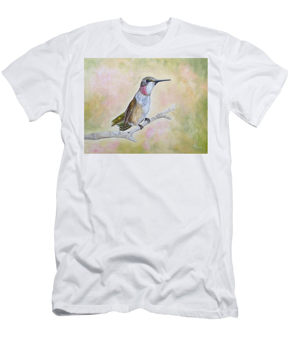 Hummingbird T-Shirt featuring the painting Like A Youthful Blush by Angeles M Pomata
