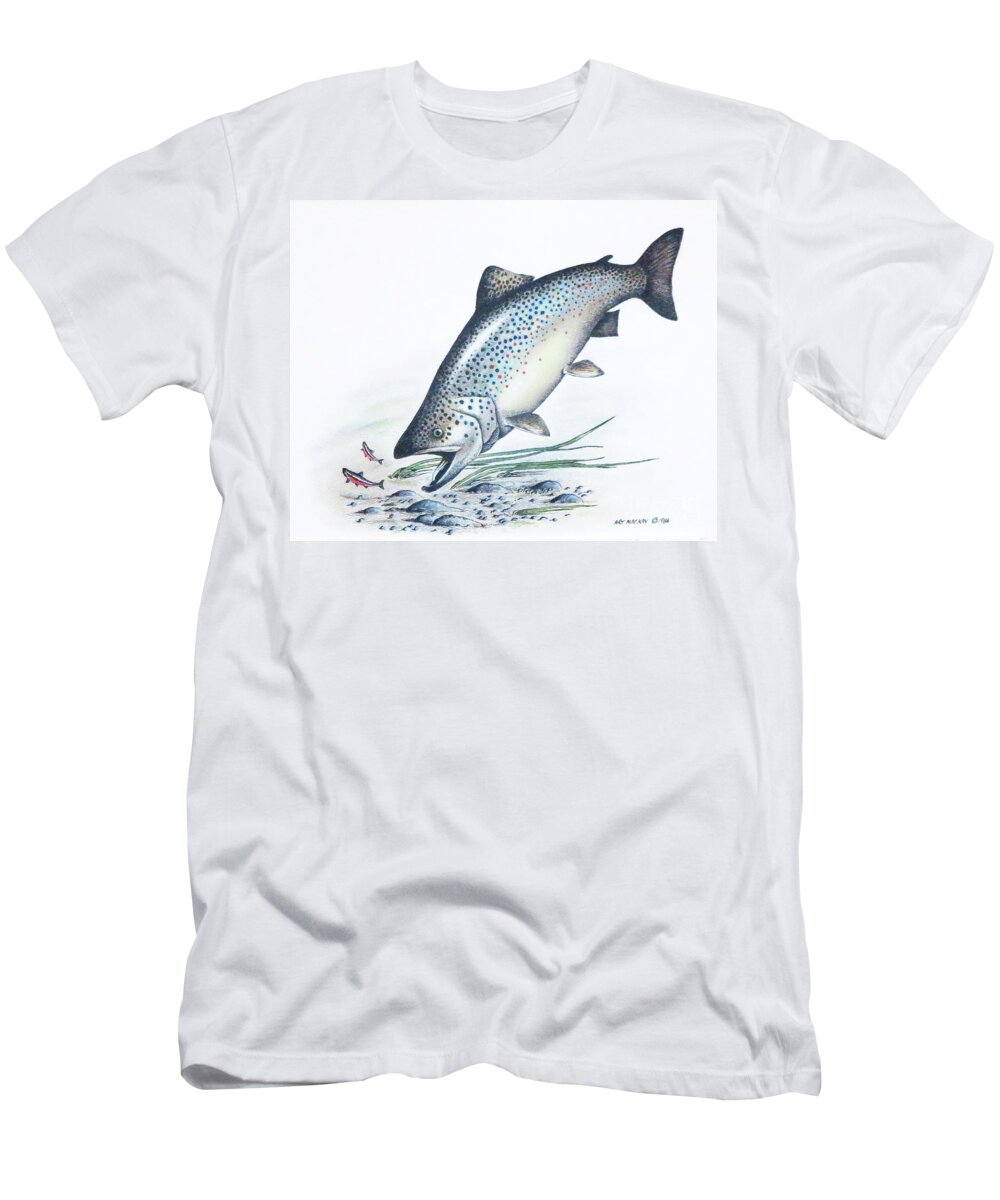 Atlantic Salmon T-Shirt featuring the mixed media Lunch Time by Art MacKay