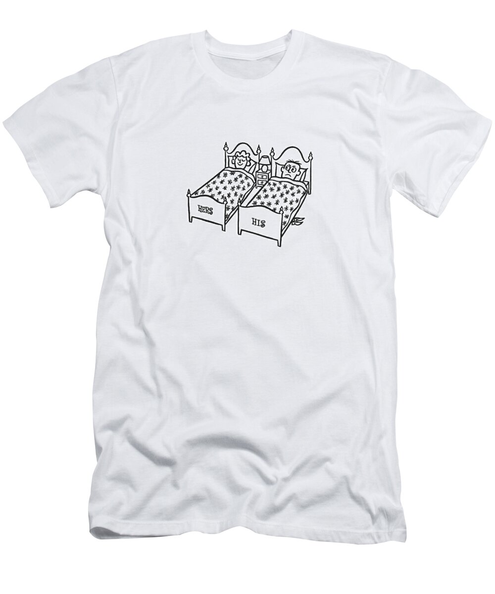 Archive T-Shirt featuring the drawing Man and Woman Sleeping in Different Beds by CSA Images