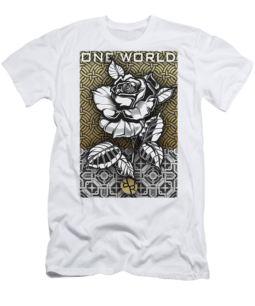 Metal Rose T-Shirt featuring the painting Metal Rose One World by Tony Rubino