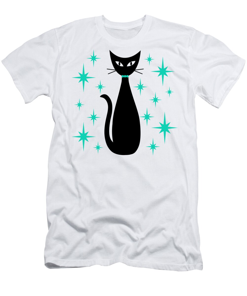 Mid Century Modern T-Shirt featuring the digital art Mid Century Cat with Aqua Starbursts by Donna Mibus
