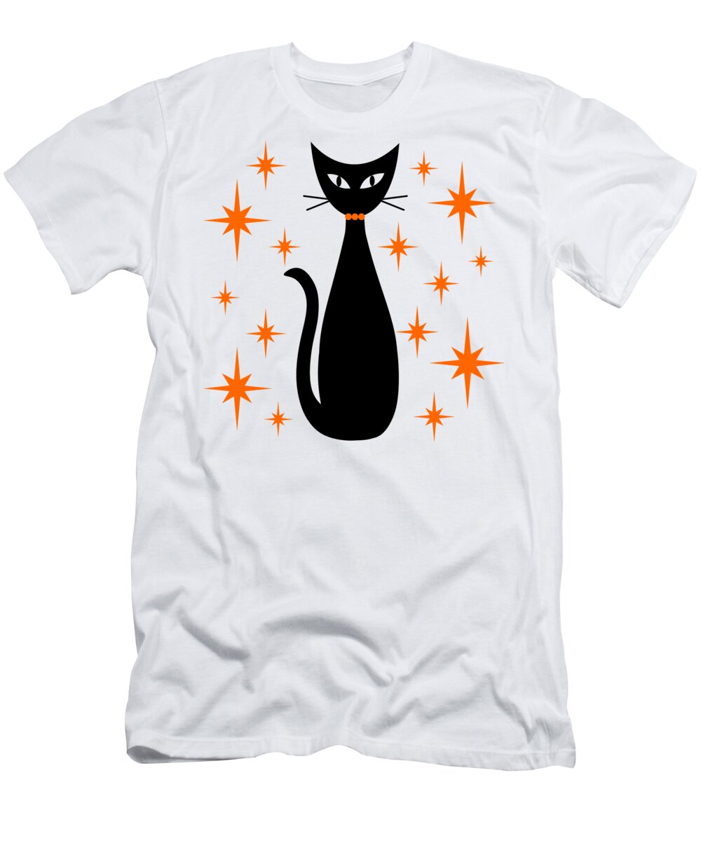 Mid Century Modern T-Shirt featuring the digital art Mid Century Cat with Orange Starbursts by Donna Mibus