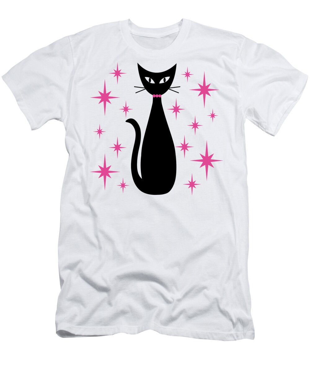 Mid Century Modern T-Shirt featuring the digital art Mid Century Cat with Pink Starbursts by Donna Mibus
