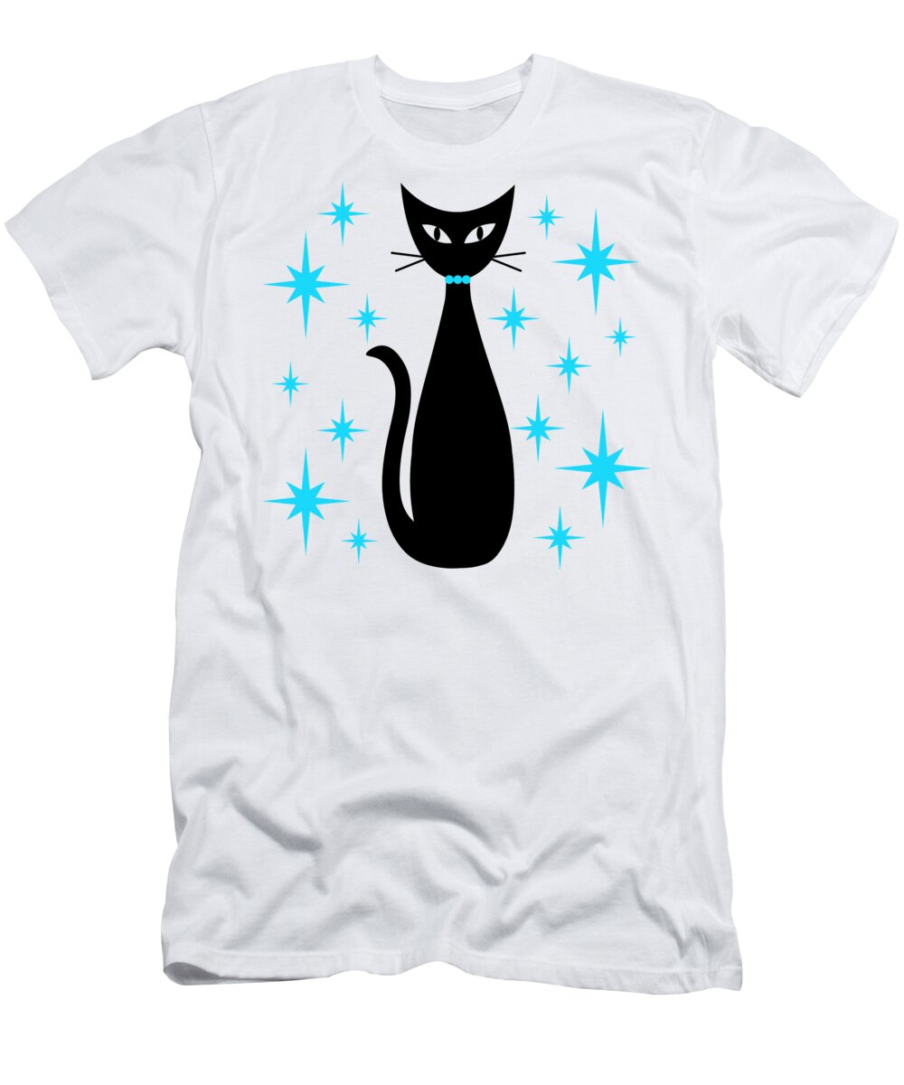 Mid Century Modern T-Shirt featuring the digital art Mid Century Cat with Turquoise Starbursts by Donna Mibus