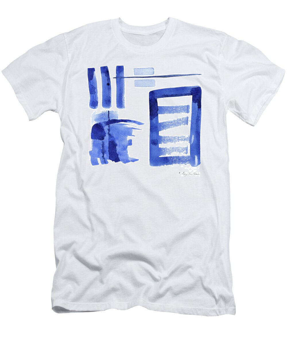 Geometric T-Shirt featuring the painting Modern Asian Inspired Abstract Blue and White 2 by Audrey Jeanne Roberts