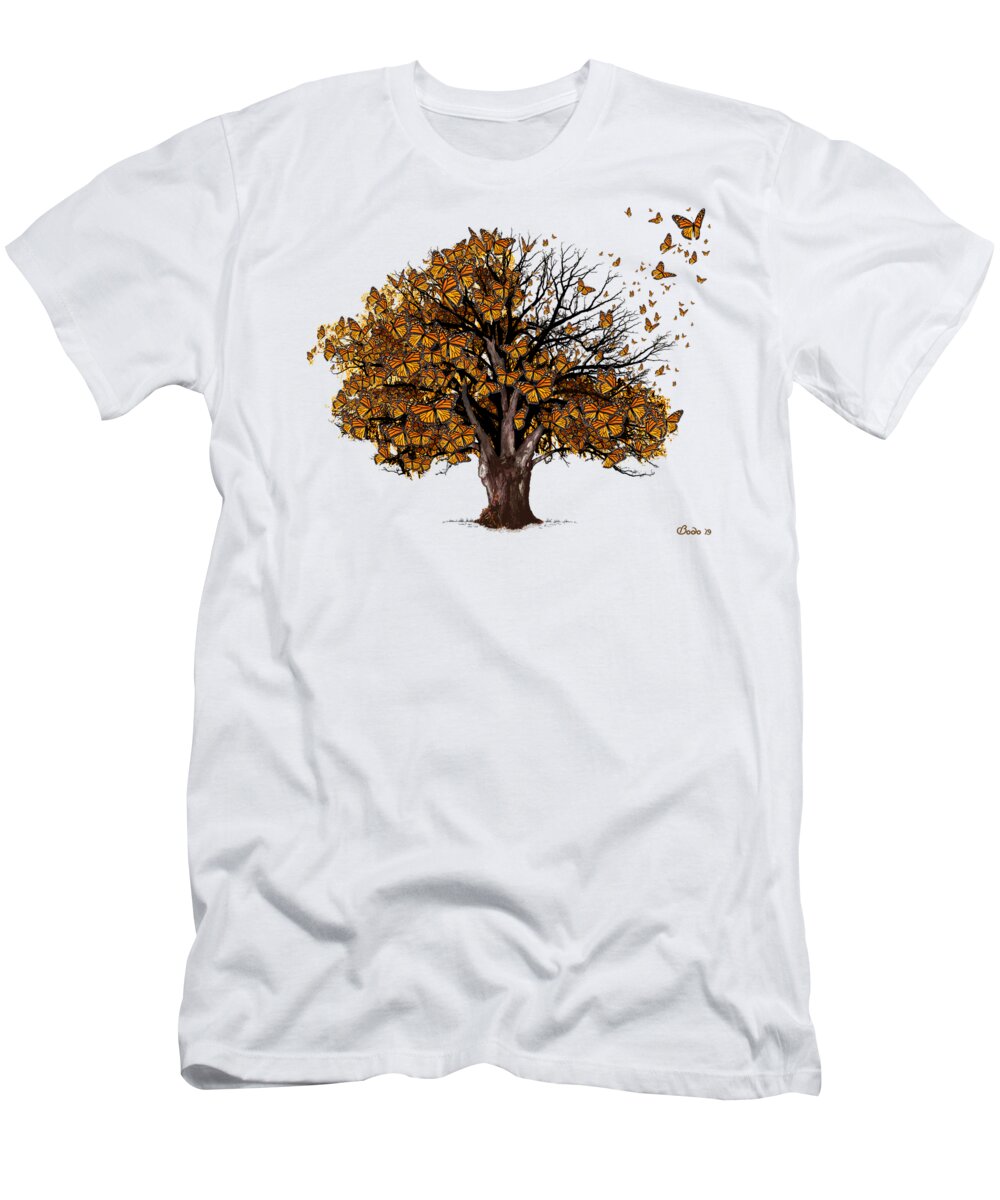 Monarch T-Shirt featuring the drawing Monarch Butterfly Tree by Bodo Artworks