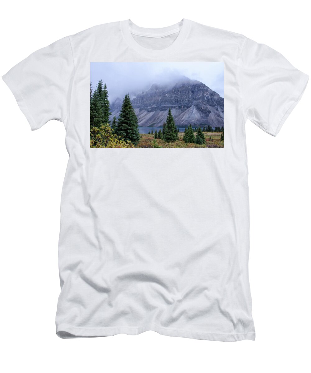 Mountains T-Shirt featuring the digital art Mountains shading the glacier lake. by Debra Baldwin