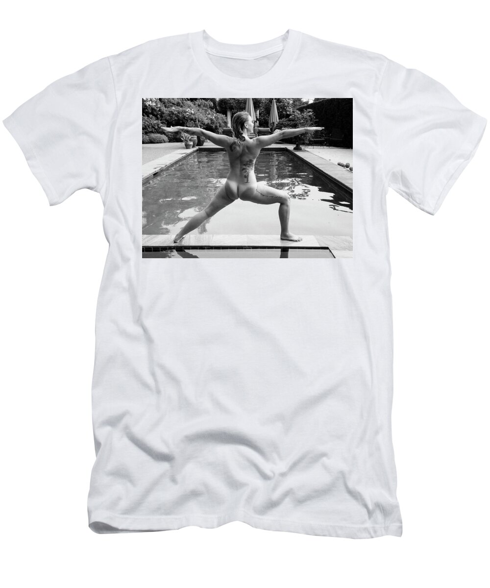 Photography T-Shirt featuring the photograph Naked Woman With Tattoos Posing On Edge by Panoramic Images