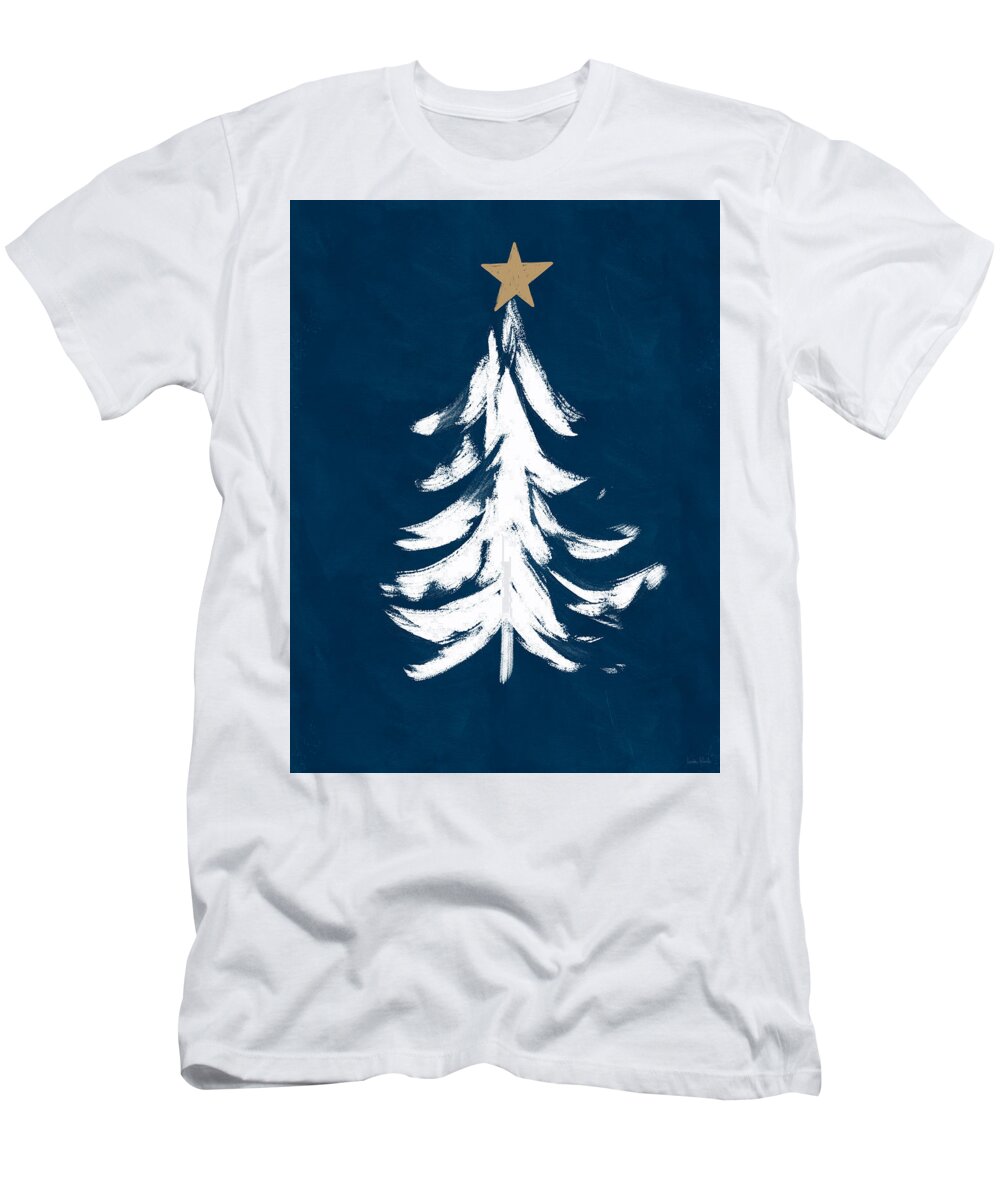 Christmas T-Shirt featuring the mixed media Navy and White Christmas Tree 1- Art by Linda Woods by Linda Woods