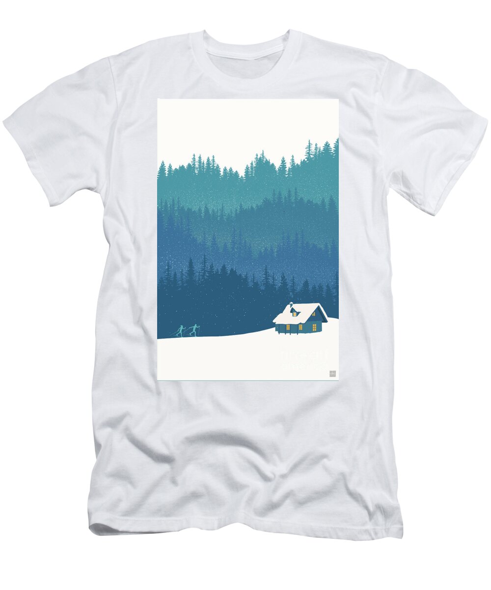 Nordic Ski T-Shirt featuring the painting Nordic Cross Country Winter Ski Scene by Sassan Filsoof
