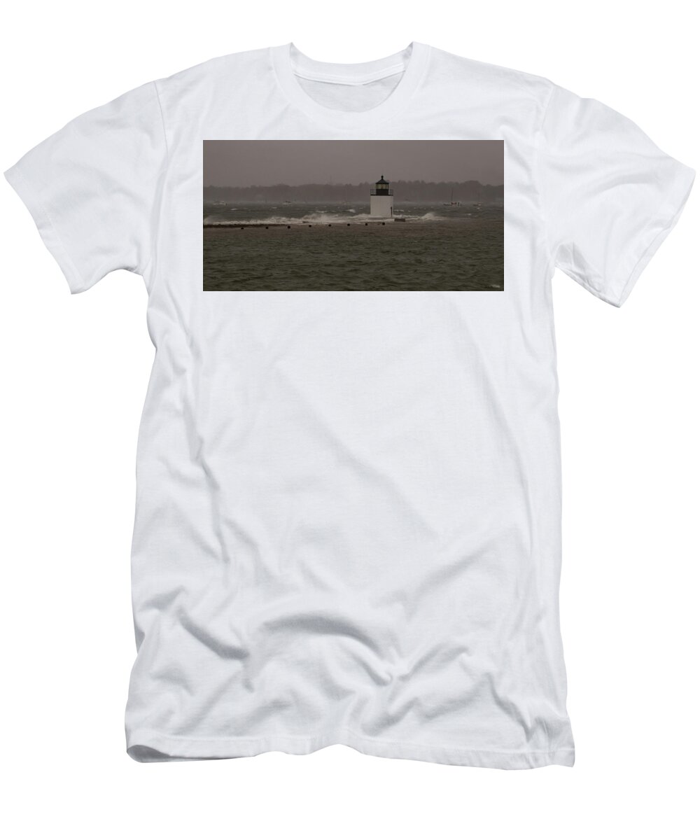 Salem Ma T-Shirt featuring the photograph October Storm at Derby Wharf Lighthouse by Jeff Folger