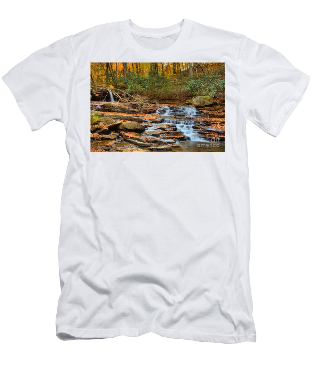 Jonathan Run Falls T-Shirt featuring the photograph Ohiopyle Jonathan Run Falls Autumn by Adam Jewell