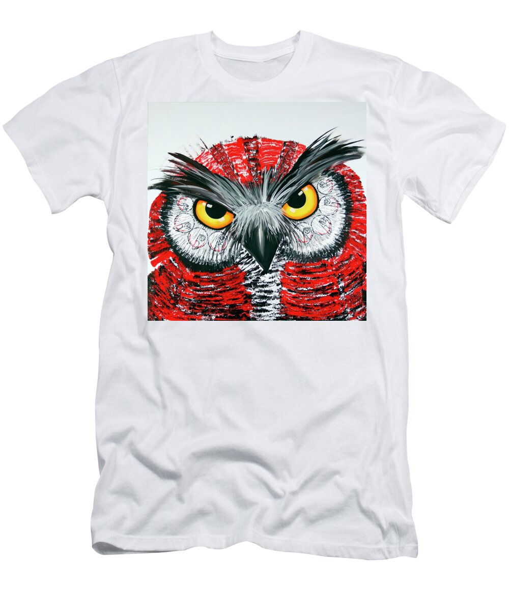 Owl T-Shirt featuring the painting OL Red White Black by Laurel Bahe