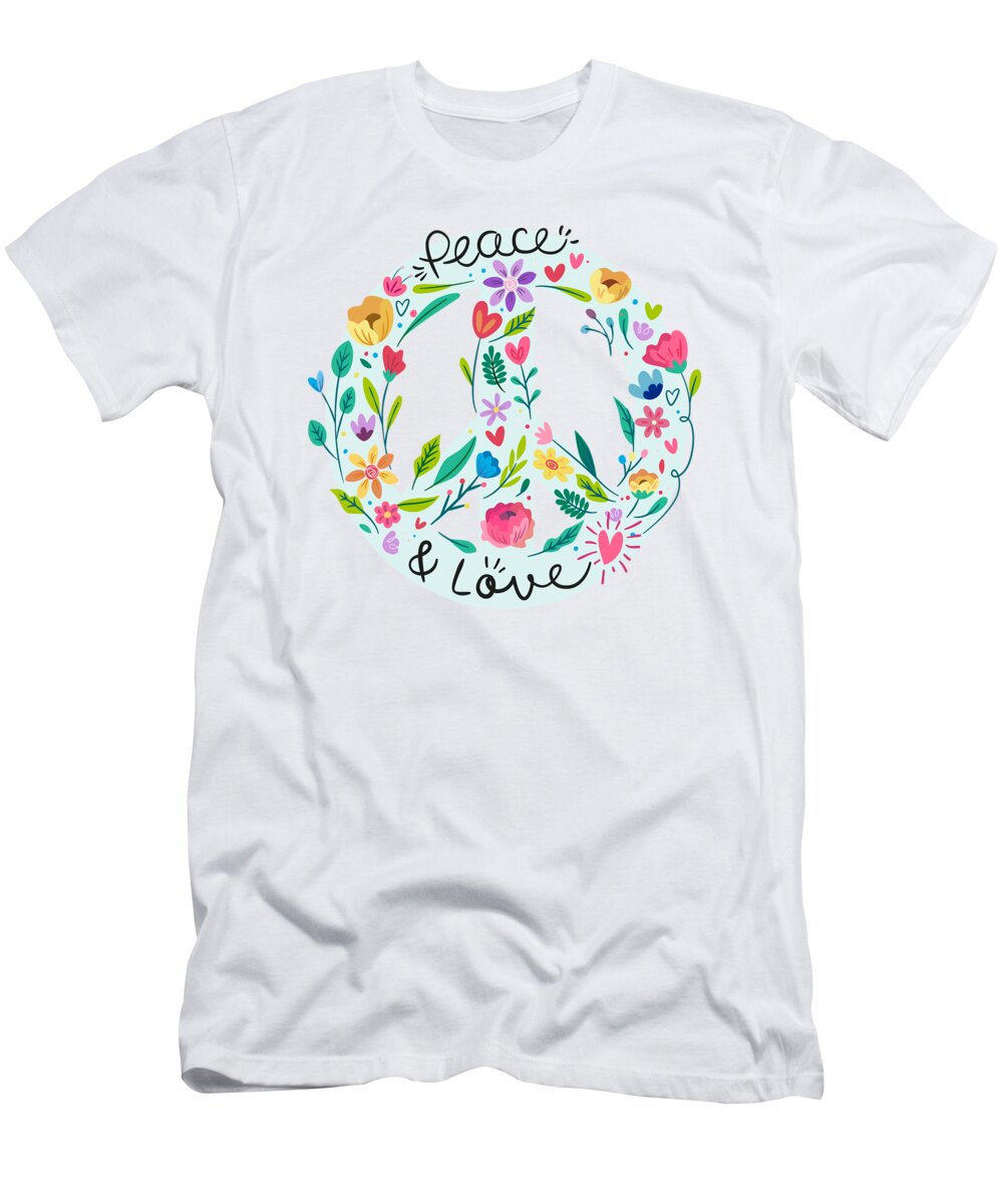 Painting T-Shirt featuring the painting Peace And Love Floral Sign by Little Bunny Sunshine