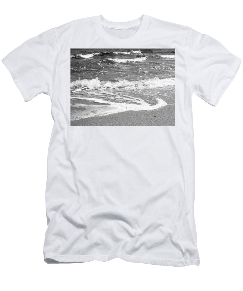 Peaceful T-Shirt featuring the photograph Peaceful Morning By The Seashore BW Photo by Johanna Hurmerinta