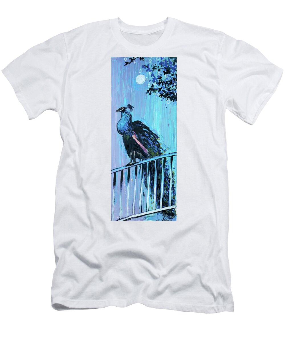 Bird T-Shirt featuring the painting Peacock on a fence by Tilly Strauss