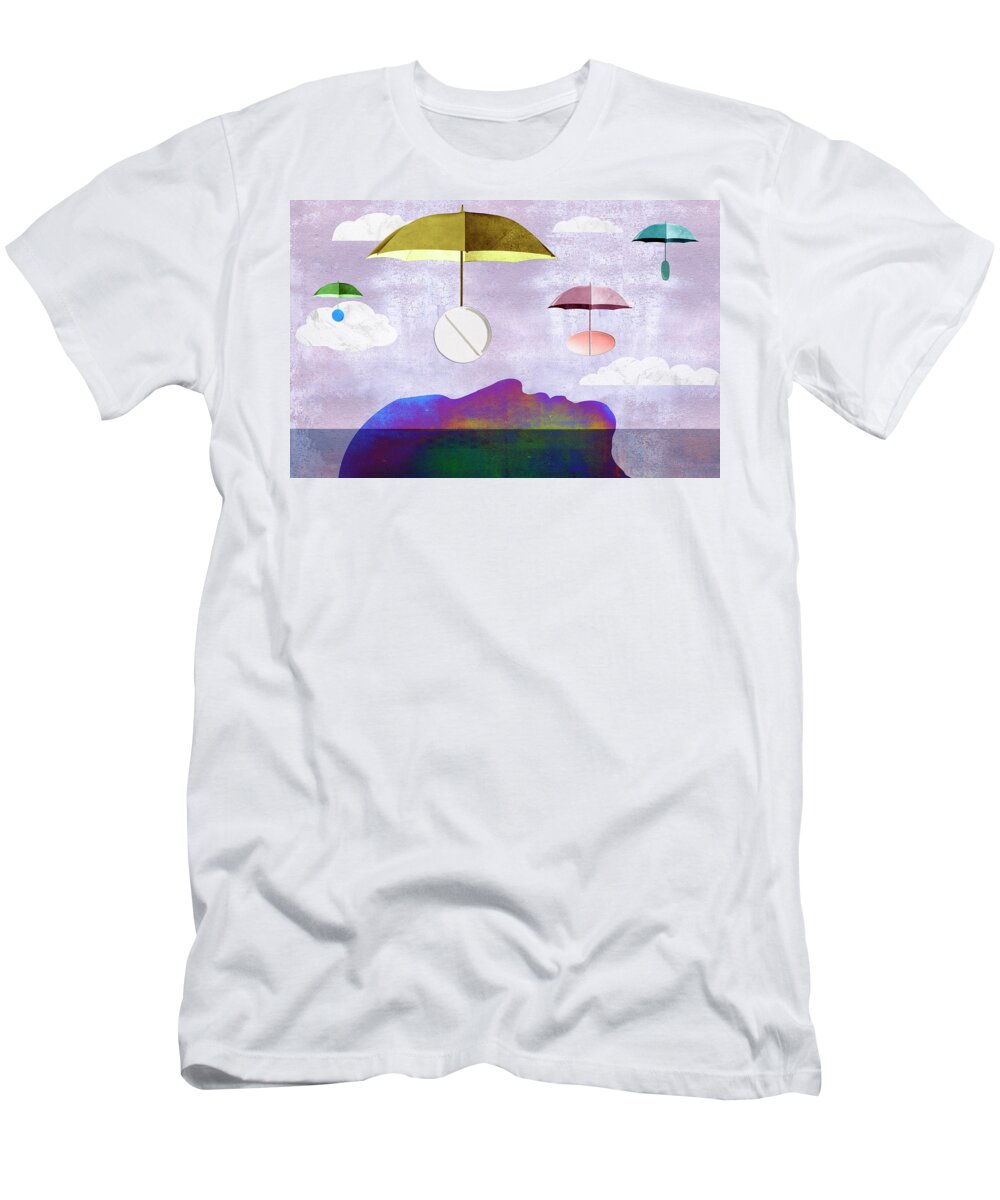 Above T-Shirt featuring the photograph Pills On Umbrellas Floating Down To Man by Ikon Images