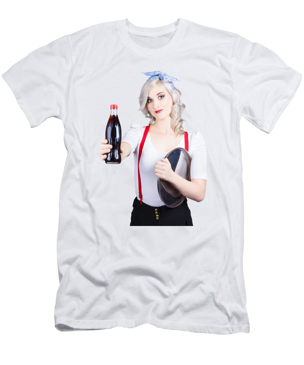 Diner T-Shirt featuring the photograph Pin-up girl holding soft drink bottle by Jorgo Photography