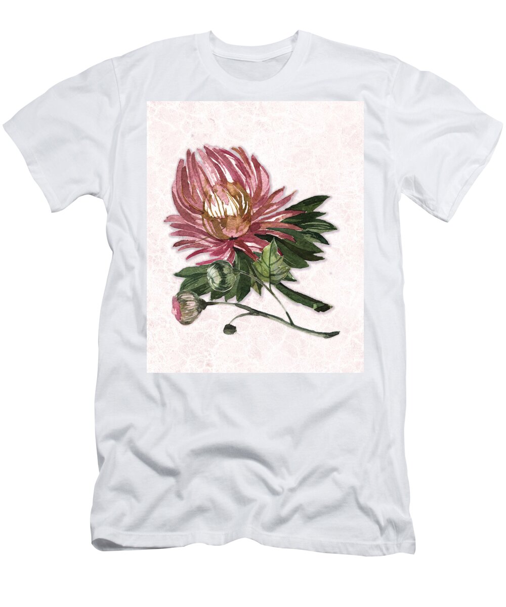 Little Gems T-Shirt featuring the painting Pink Chrysanthemum on Subtle Pink Marble by Elaine Plesser
