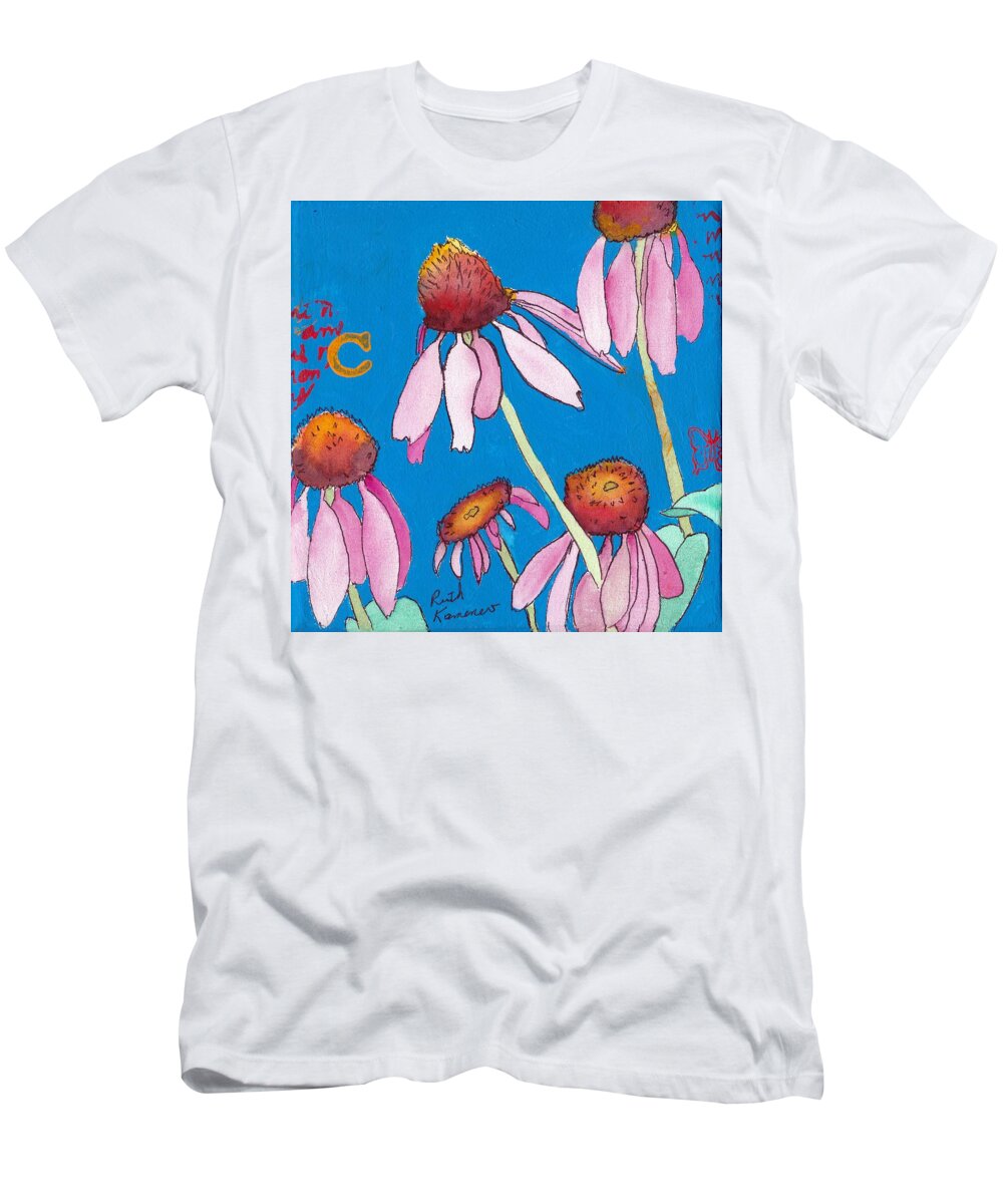 Flowers T-Shirt featuring the painting Pink Coneflowers by Ruth Kamenev
