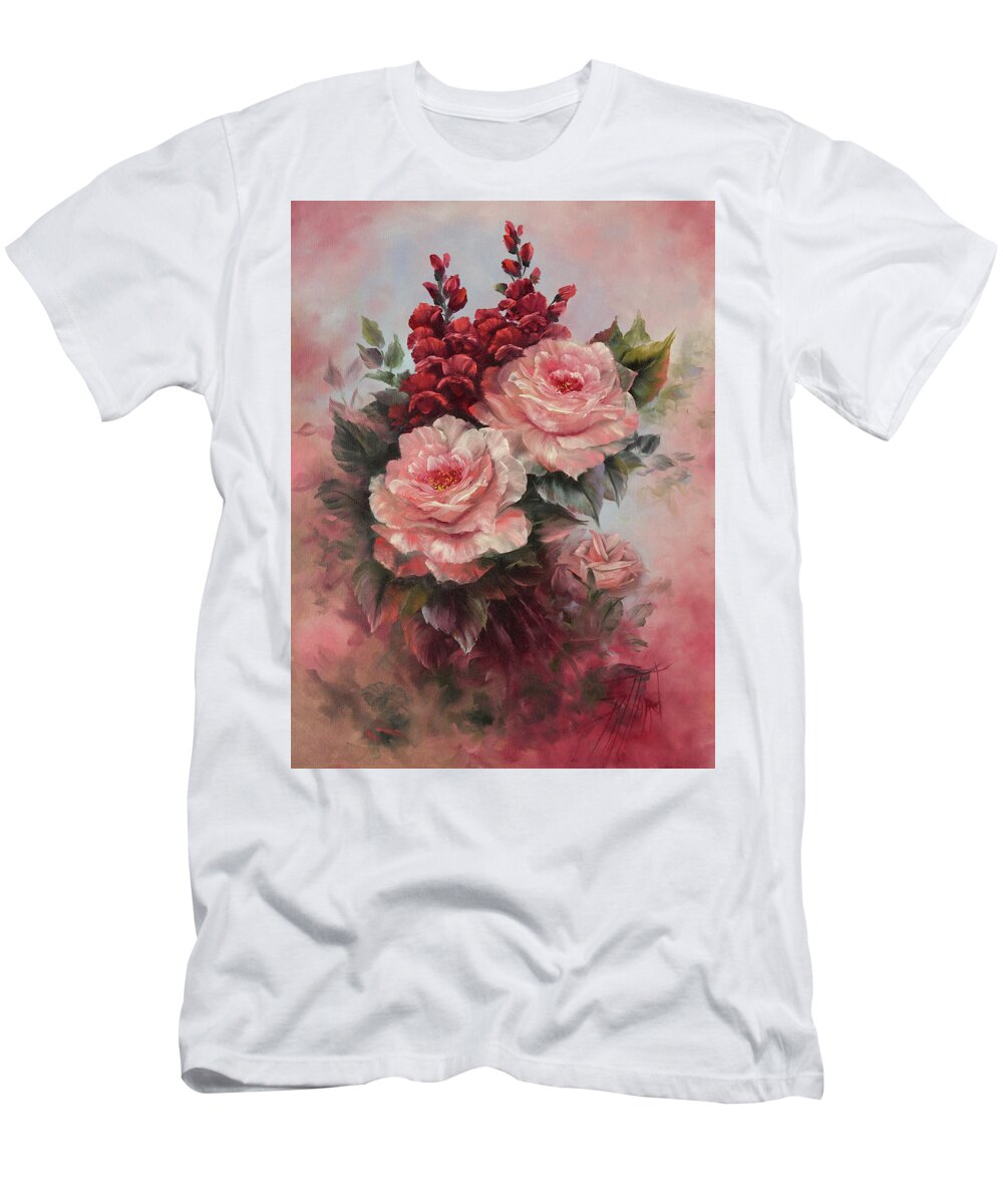 Floral T-Shirt featuring the painting Roses and Snapdragons by Lynne Pittard