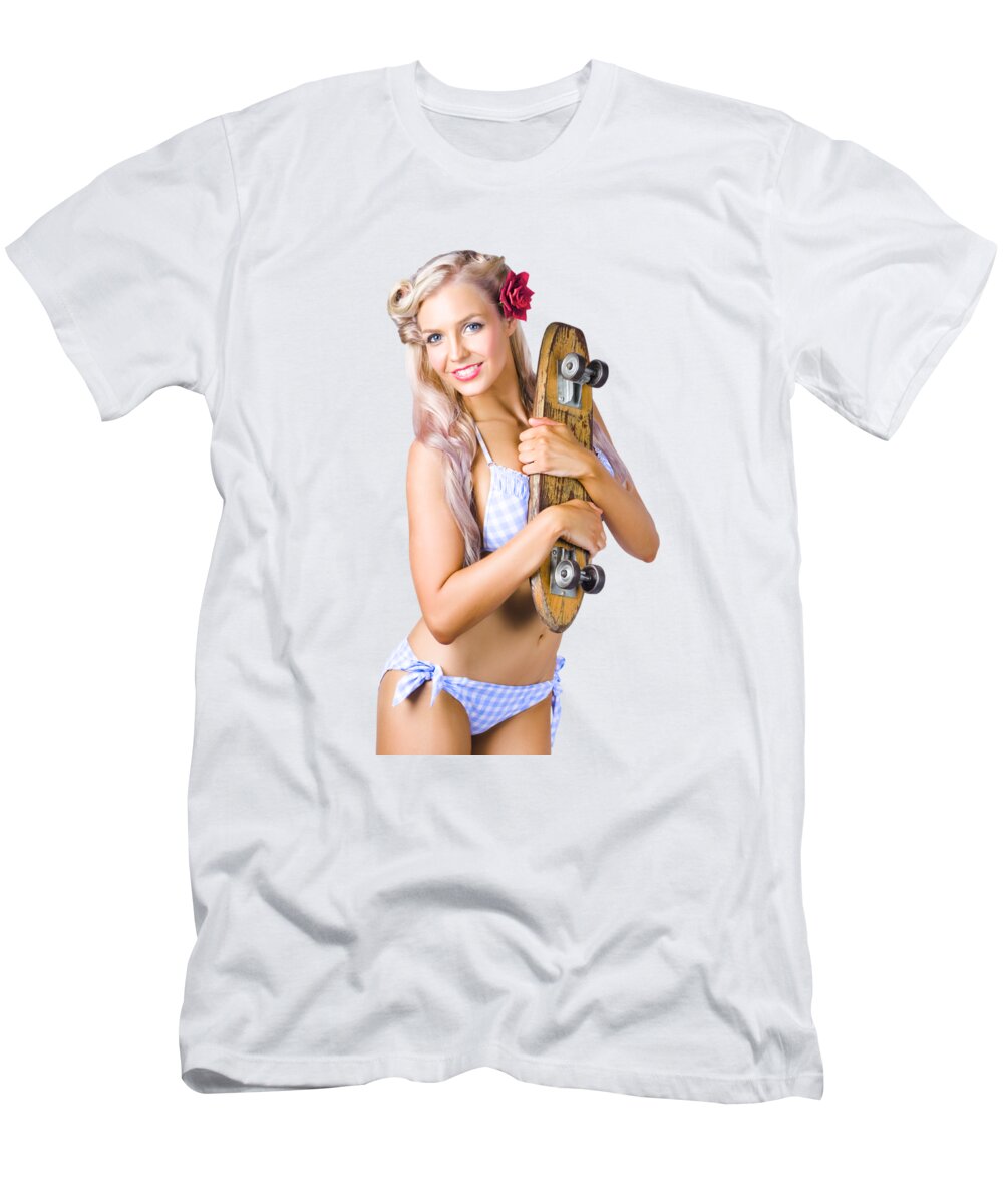 Skate T-Shirt featuring the photograph Pinup woman in bikini holding skateboard by Jorgo Photography