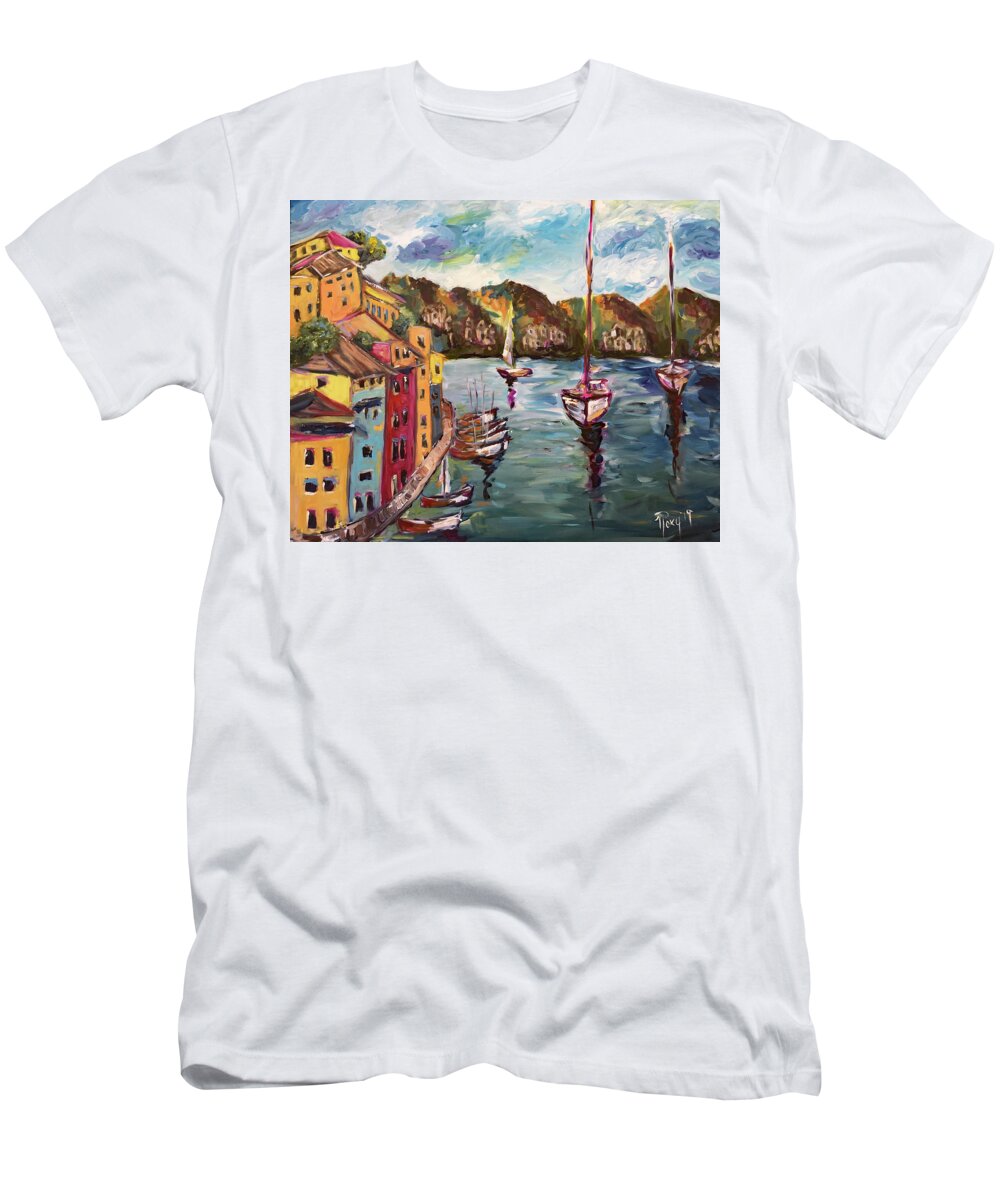Portofino T-Shirt featuring the painting Portofino Harbor by Roxy Rich