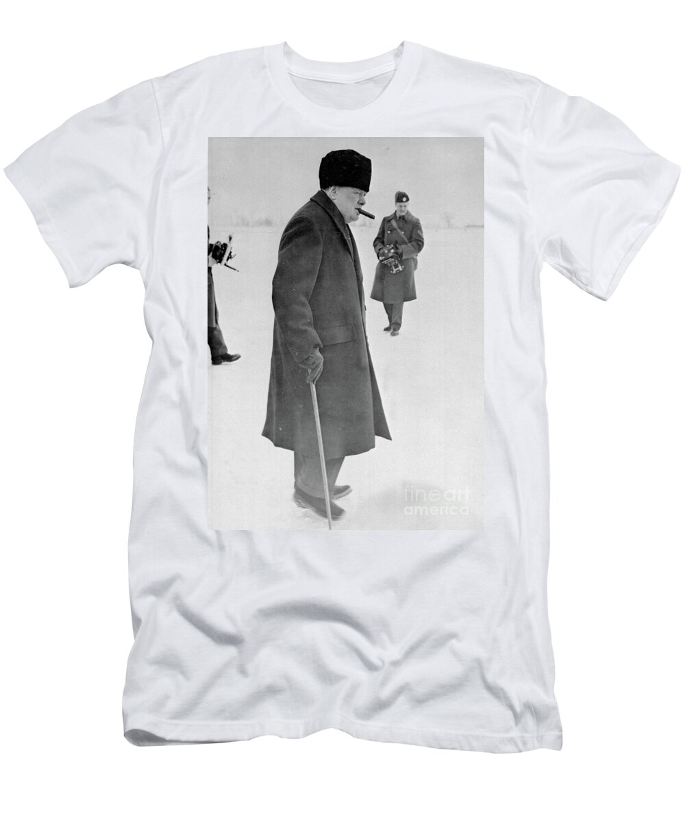 Churchill Winston (1874-1965) T-Shirt featuring the photograph Portrait Of Winston Churchill, 1942-45 by English Photographer