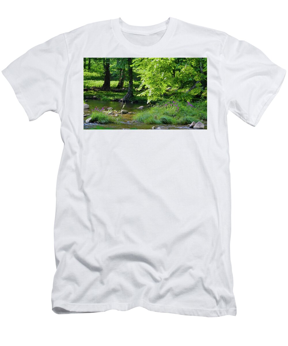 Mountain Stream T-Shirt featuring the photograph Purple Promise Flowers in a Mountain Stream by T Lynn Dodsworth