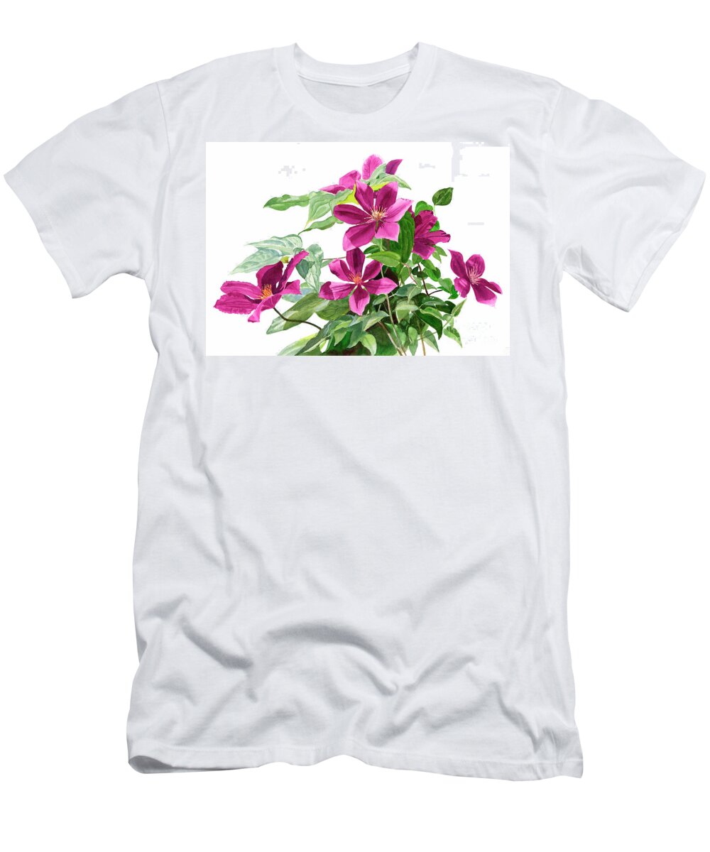 Red T-Shirt featuring the painting Red Violet Clematis by Sharon Freeman