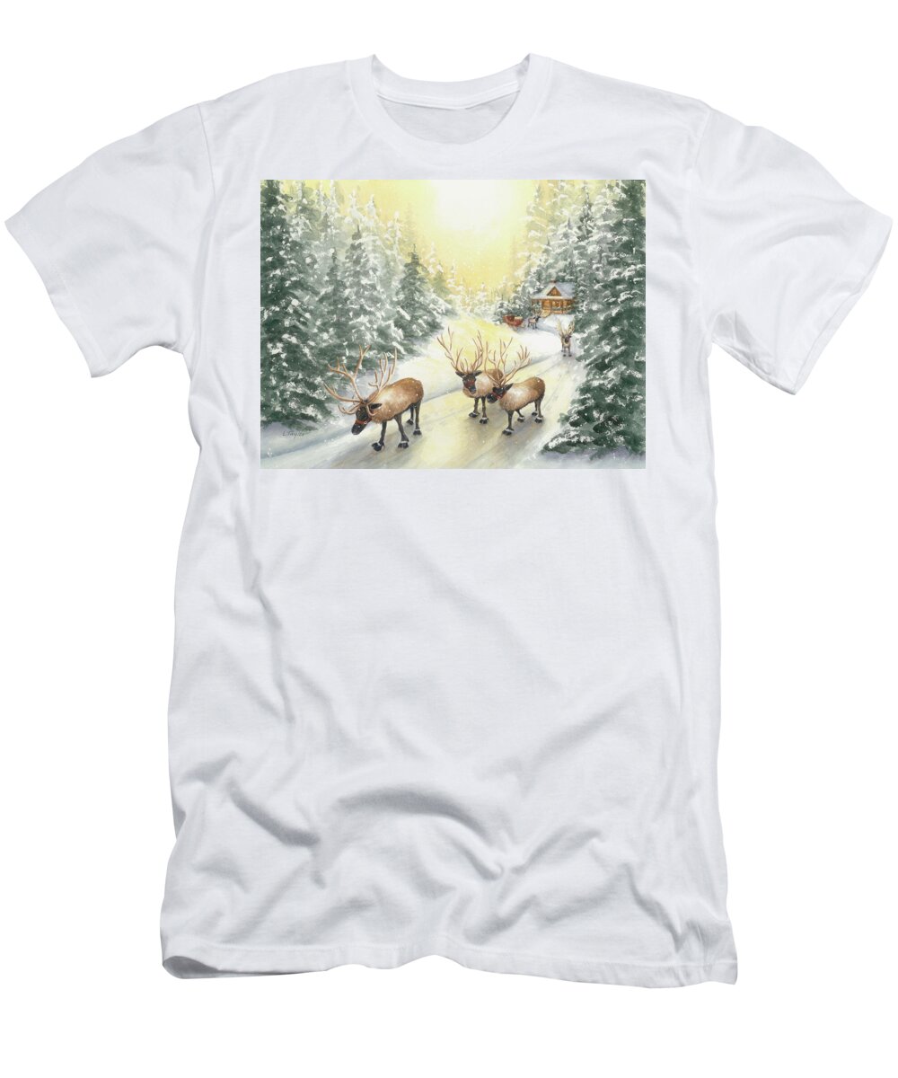 Reindeer T-Shirt featuring the painting Hoofing It Under the Midnight Sun by Lori Taylor
