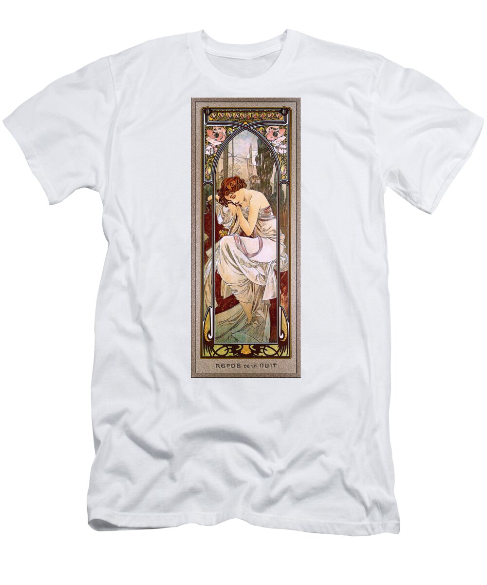 Rest Of The Night T-Shirt featuring the painting Rest Of The Night by Alphonse Mucha by Rolando Burbon