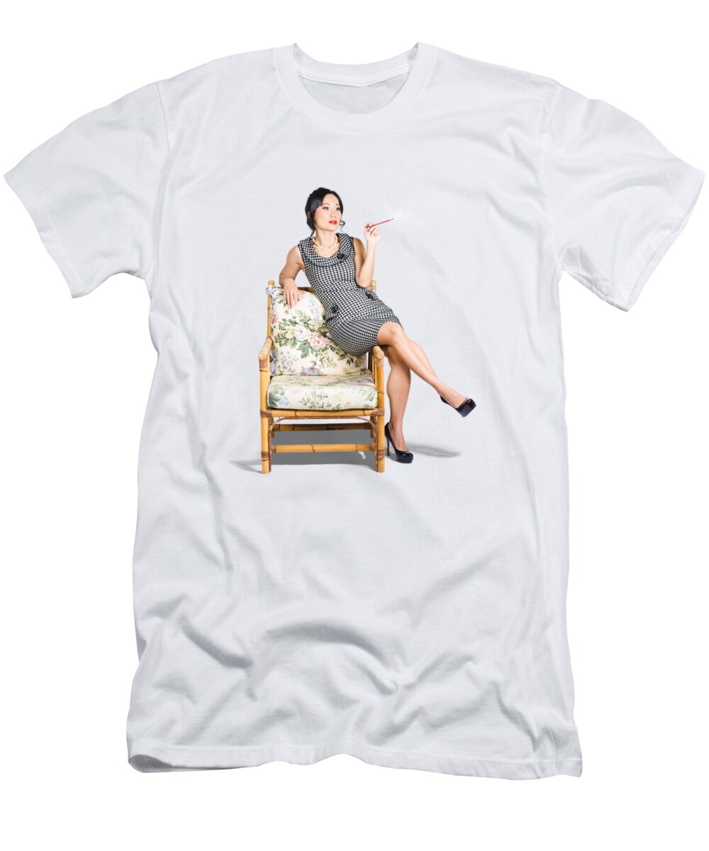 Fashion T-Shirt featuring the photograph Retro woman on lounge chair with cigarette holder by Jorgo Photography