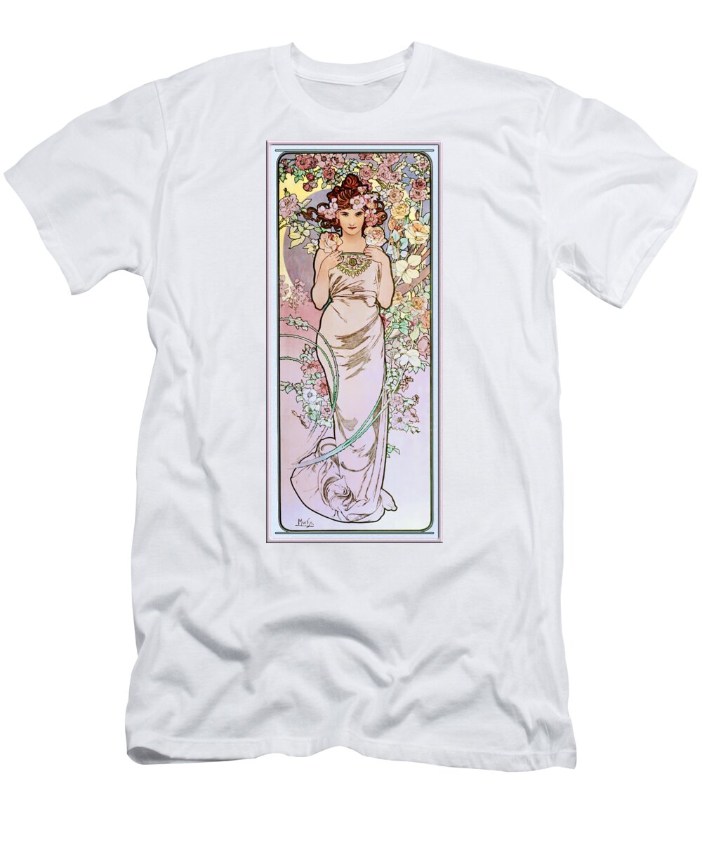 Rose T-Shirt featuring the painting Rose by Alphonse Mucha by Rolando Burbon