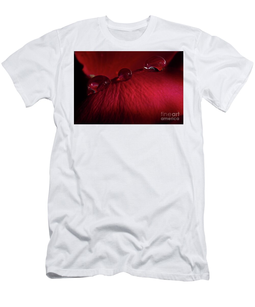 Rose T-Shirt featuring the photograph Rose Petal Droplets by Mike Eingle
