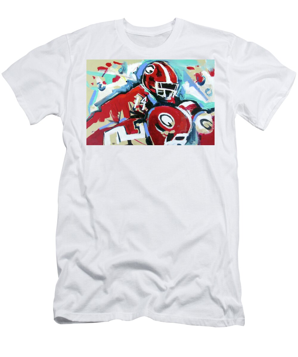 Uga Football T-Shirt featuring the painting Run The Play by John Gholson
