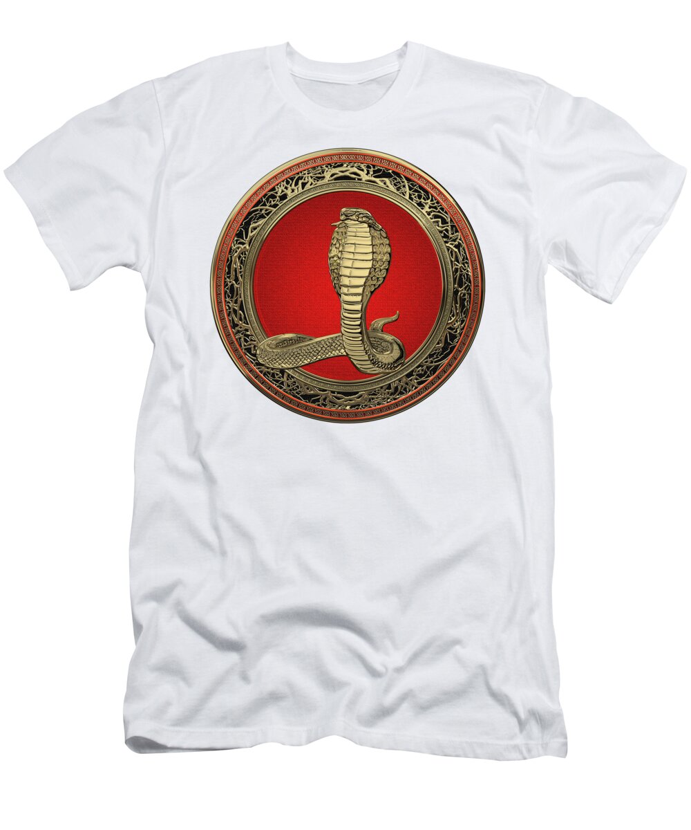 'beasts Creatures And Critters' Collection By Serge Averbukh T-Shirt featuring the digital art Sacred Gold King Cobra on White Leather by Serge Averbukh