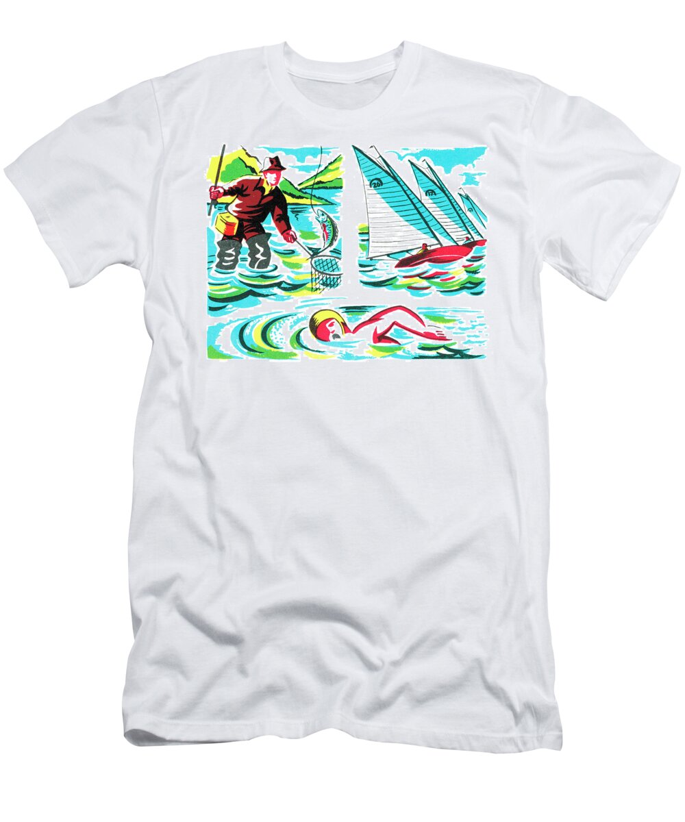 Activity T-Shirt featuring the drawing Sailing swimming fishing by CSA Images