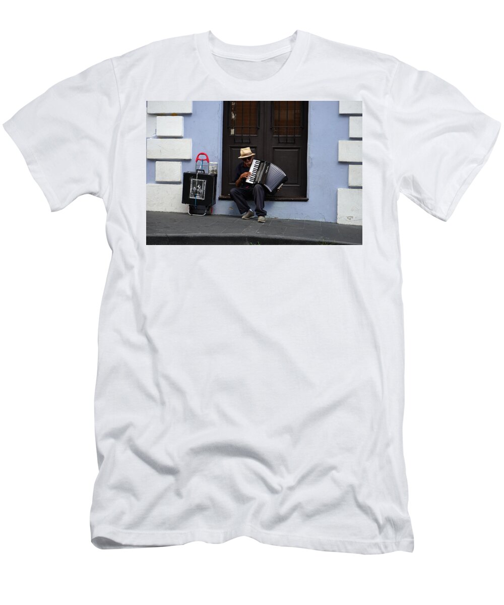 Richard Reeve T-Shirt featuring the photograph San Juan Accordion Player - 5 years on by Richard Reeve